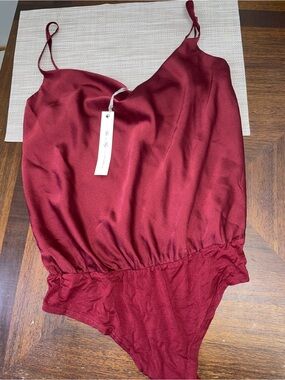 Womens Burgundy Satin Bodysuit Medium NWT Spaghetti Strap Dressy Top